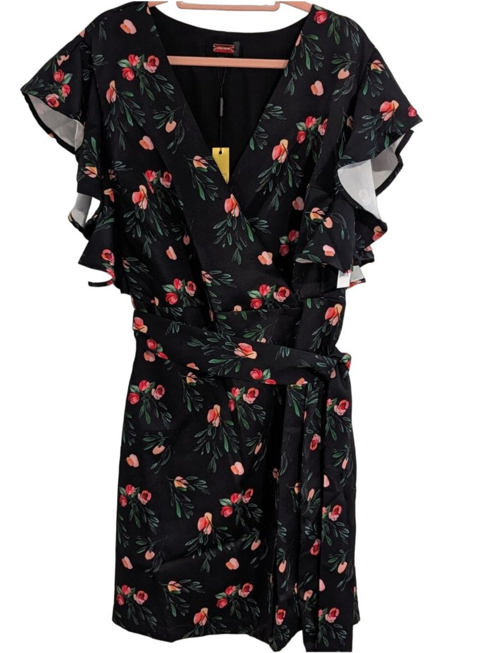 Alexia Admor Womens 2X Black Floral Ruffle Wrap Dress